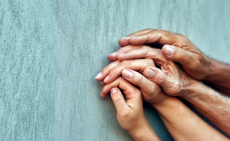 Family child adult hands nested together